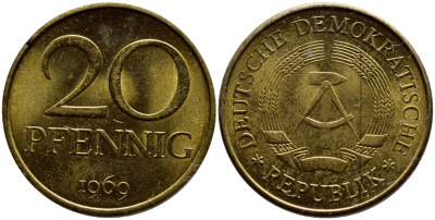 ГДР 20 пфеннигов 1969 А, первый год KM 11 латунь UNC 4395-754
