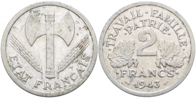 Франция 2 франка 1943 правительство Виши KM 904.1 алюминий 4402-937