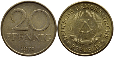 ГДР 20 пфеннигов 1971 А KM 11 латунь UNC 54-1337