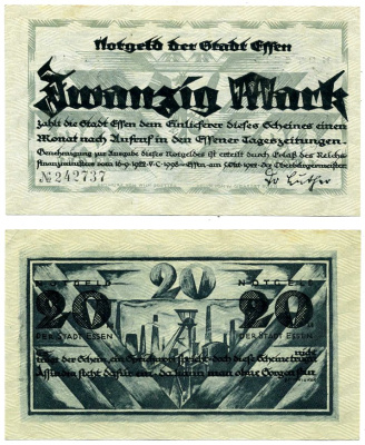 Эссен 20 марок 1922 5 октября 1922, нотгельд, земля Северный Рейн-Вестфалия Muller 1465.3b бумага 2193-30-2-1