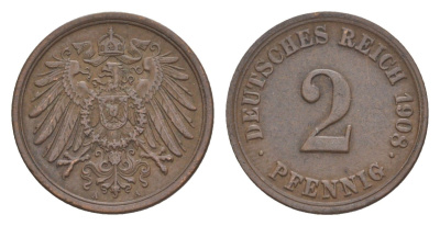 Германия 2 пфеннига 1908 A, Вильгельм II (1888-1918) KM 16, J. 11, Weege 4 медь 4639-1217