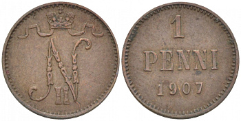 РОССИЯ ДЛЯ ФИНЛЯНДИИ 1 ПЕННИ 1907 НИКОЛАЙ II KM 13, Биткин 468 медь 4396-1326