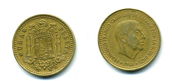 ИСПАНИЯ 1 ПЕСЕТА 1966 (69) ФРАНСИСКО ФРАНКО ДИКТАТОР ИСПАНИИ (1939-1975) КМ 796 алюминиевая бронза 54-255