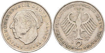 ФРГ 2 марки 1976 J, Теодор Хойс, 20 лет Федеративной Республике (1949-1969) KM A127, J. 407 медно-никель плакированный никелем 4168-424