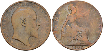 Великобритания 1 пенни 1903 Эдуард VII (1901-1910) KM 794.2, Sp 3990 бронза 115-1036