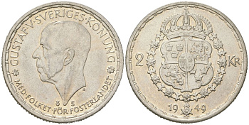 Швеция 2 кроны 1949 TS, Густав V (1907-1950) KM 815 серебро aUNC 38-611