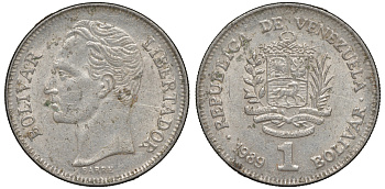 Венесуэла 1 боливар 1989 тонкий шрифт Y 52a.2 сталь плакированная никелем 4606-531