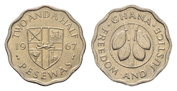Гана 2 1/2 песевы 1967 год-тип KM 14 медно-никель UNC 4668-615