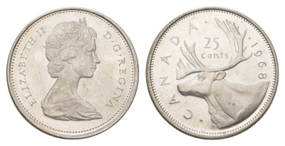 Канада 25 центов 1968 Елизавета II (1952-2022), олень KM 62a серебро 4622-927