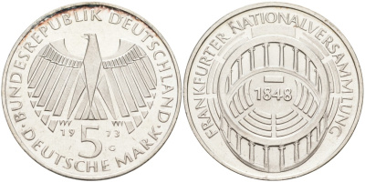 ФРГ 5 марок 1973 G, 125 лет Франкфуртскому парламенту J. 412, KM 137 серебро 88-231