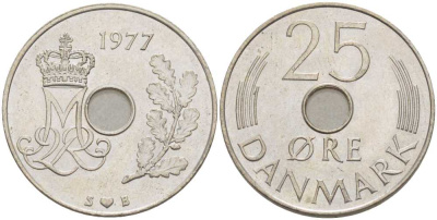 ДАНИЯ 25 ЭРЕ 1977 S; B, МАРГРЕТЕ II (1972-) KM 861.1 медно-никель 94-713
