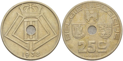 БЕЛЬГИЯ 25 САНТИМОВ 1938 BELGIE-BELGIQUE, МОНЕТНАЯ РОТАЦИЯ KM 115.1 никель латунь 4546-154