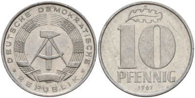 ГДР 10 пфеннигов 1967 A KM 10 алюминий 28-516