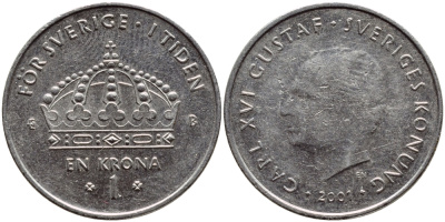 Швеция 1 крона 2001 Карл XVI Густав (1973- ) KM 894 медно-никель 4364-141