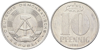 ГДР 10 пфеннигов 1980 A KM 10 алюминий 201-1033