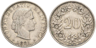 ШВЕЙЦАРИЯ 20 РАППЕНОВ 1881 В KM 29 никель 55-553