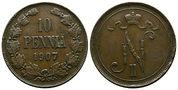 РОССИЯ ДЛЯ ФИНЛЯНДИИ 10 ПЕННИ 1907 Биткин 430 медь 4381-123