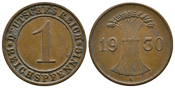 ГЕРМАНИЯ 1 РЕЙХСПФЕННИГ 1930 A KM 37, J. 313 бронза 4380-1212