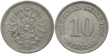 Германия 10 пфеннигов 1888 A, старогербовка KM 4 медно-никель 4171-237