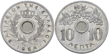 Греция 10 лепта 1954 Павел I (1947-1964), виноградная лоза KM 78 алюминий 28-212