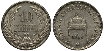 Венгрия 10 филлеров 1909 KB, Франц Иосиф I (1848-1916) KM 482 никель 201-234