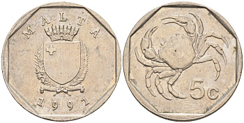 Мальта 5 центов 1991 краб KM 95 медно-никель 4547-1265
