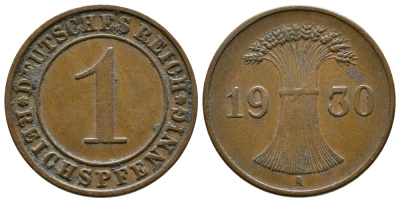 ГЕРМАНИЯ 1 РЕЙХСПФЕННИГ 1930 A KM 37, J. 313 бронза 4380-1212