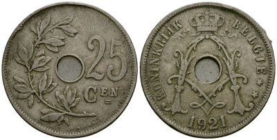Бельгия 25 сантимов 1921 Belgie KM 69 медно-никель 4165-812