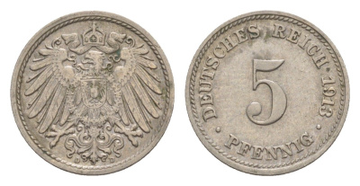 Германия 5 пфеннигов 1913 D, Вильгельм II (1888-1918) KM 11, J. 12 медно-никель 4640-146