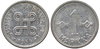 Финляндия 1 марка 1955 KM 36a никелированное железо 4164-128