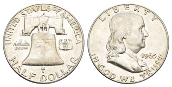 США 1/2 доллара (50 центов) 1963 Бенджамин Франклин, колокол KM 199 серебро  aUNC  4574-723