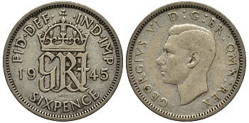 Великобритания 6 пенсов 1945 Георг VI (1936-1952) KM 852, Spink 4084 серебро 4538-555