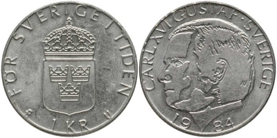 Швеция 1 крона 1984 U, Карл XVI Густав (1973- ) КМ 852а медно-никель 202-512