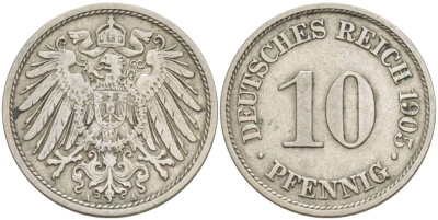 Германия 10 пфеннигов 1905 A KM 12, Jager 13, Weege 8 медно-никель 219-113