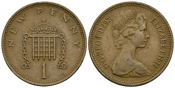 Великобритания 1 пенни 1971 Елизавета II (1952-2022) KM 915, Spink 4237 (B1) бронза 4167-1214