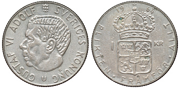 Швеция 1 крона 1964 U, Густав VI Адольф (1950-1973) KM 826 серебро 4178-443