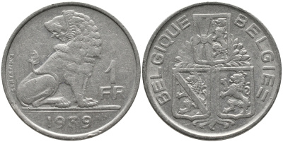 Бельгия 1 франк 1939 Леопольд III (1934-1950), Belgique-Belgie, лев KM 119 никель 4384-234