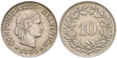ШВЕЙЦАРИЯ 10 РАППЕНОВ 1950 В KM 27 медно-никель 55-231