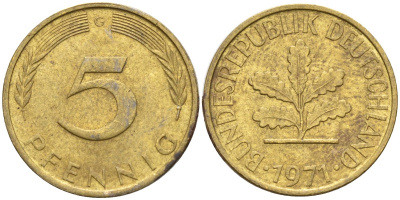 ФРГ 5 пфеннигов 1971 G KM 107, J.382 сталь плакированная латунью 4174-751