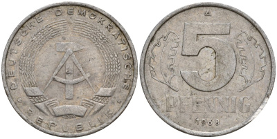 ГДР 5 пфеннигов 1968 A KM 9.1 алюминий 211-955