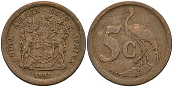 ЮАР 5 центов 1992 герб, голубой журавль KM 134 сталь плакированная медью 08-1334