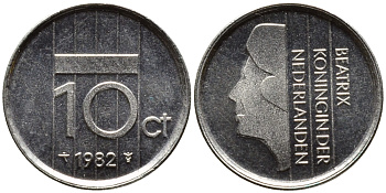 НИДЕРЛАНДЫ 10 ЦЕНТОВ 1982 БЕАТРИКС KM 203 никель 4392-429