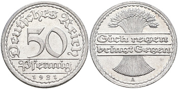 Германия 50 пфеннигов 1921 A KM 27, J.301, Weege 10 алюминий UNC 4584-814