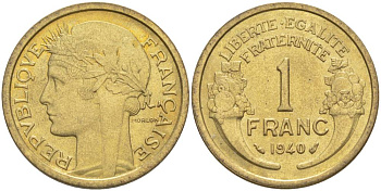Франция 1 франк 1940 тип Морлон KM 885, LE FRANC 219.11 алюминиевая бронза 3853-215
