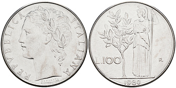 Италия 100 лир 1980 R, Афина KM 96.1 нержавеющая сталь 4117-342