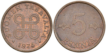 ФИНЛЯНДИЯ 5 ПЕННИ 1974 KM 45 медь 4549-1127