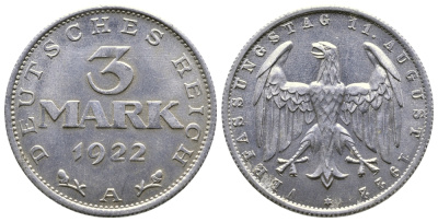Германия 3 марки 1922 А, третья годовщина Веймарской Конституции KM 29, J. 303 алюминий 4380-741