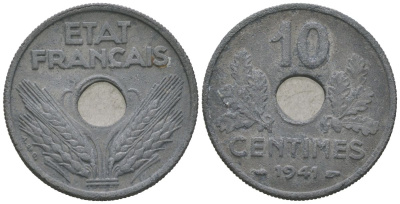 Франция 10 сантимов 1941 KM 898.1, Le Franc 141/2 цинк 4584-954