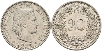 ШВЕЙЦАРИЯ 20 РАППЕНОВ 1958 В KM 29a медно-никель 55-746