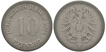 ГЕРМАНИЯ 10 ПФЕННИГОВ 1874 C, СТАРОГЕРБОВКА KM 4, Jager 4, Weege 7 медно-никель 4546-1113